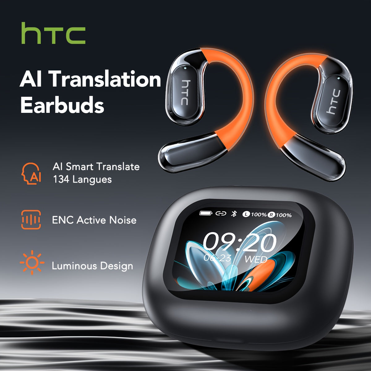 HTC NE27 AI Translation Wireless Earbuds with 134-Language Real-Time Translator, Wireless 6.0, AI- Smart Translator, Noise Cancelling, Transparent Touchscreen Case, Stereo Sound, Long Life for Travel, / Compatible