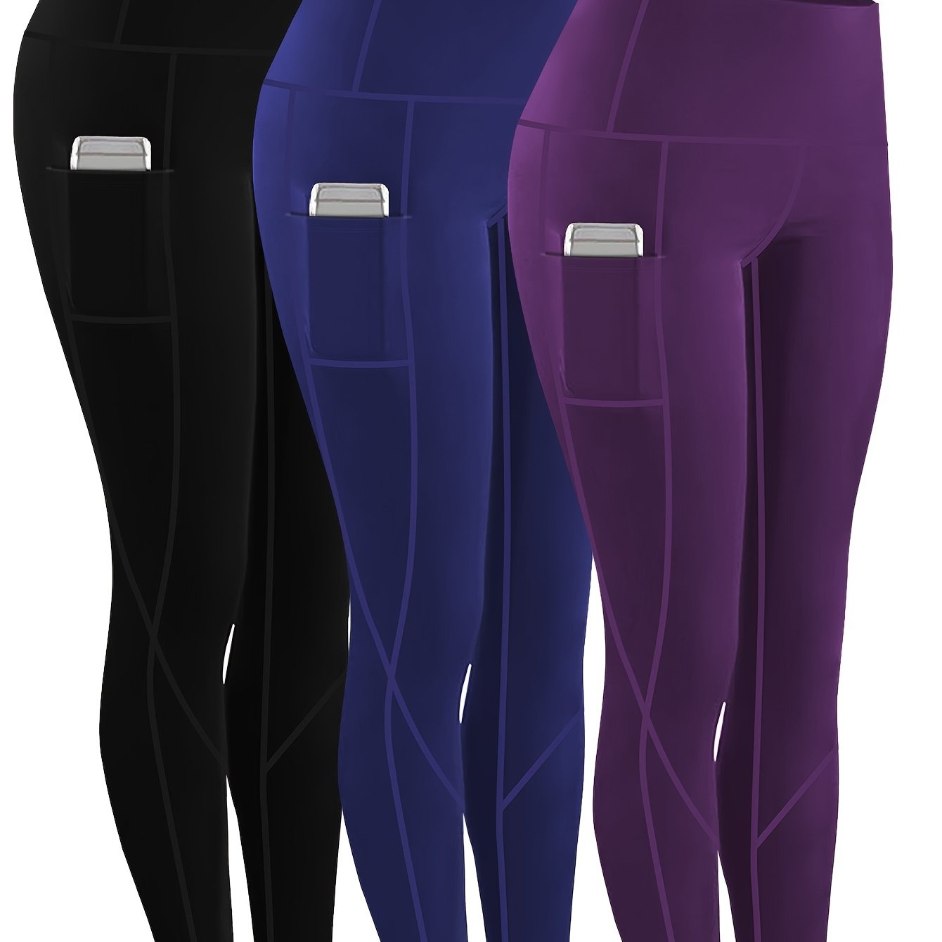 3pcs Set Women'S Plus Size Daily Sports Yoga Leggings, Geometric Pattern, High Stretch Spandex, Breathable, with Two Side Pockets, for Running, Workout