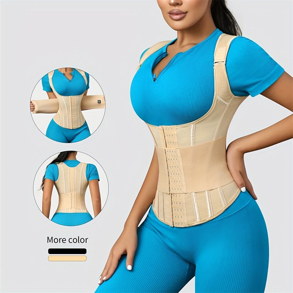 Polyamide Women's Waist Trainer Corset - Back Support with Dual Waist Straps, Adjustable Shoulder Straps, Hard Control Knit Fabric Cincher, Breathable with Steel Frame Support, 72.7% Polyamide 27.3% Elastane, Washable - 1 Pc