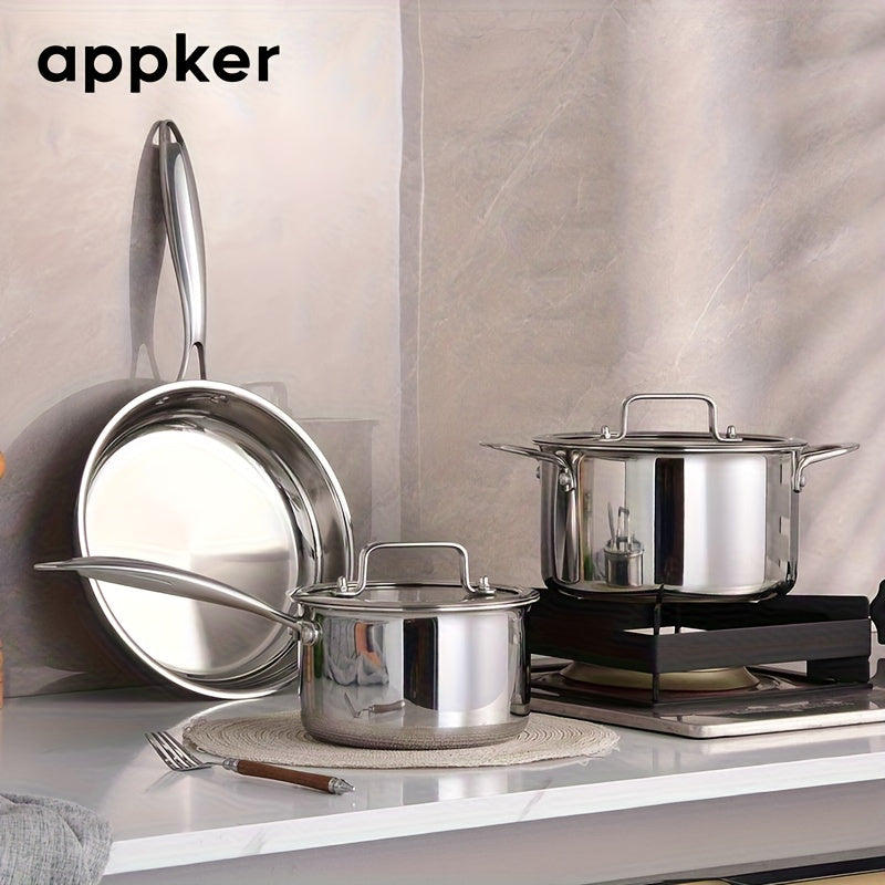 appker 3pcs Tri-Ply Clad Stainless Steel Cookware Set, Pots And Pans Kitchen Set with Tempered Glass Lids, Induction-Ready, Dishwasher-Safe, Silvery