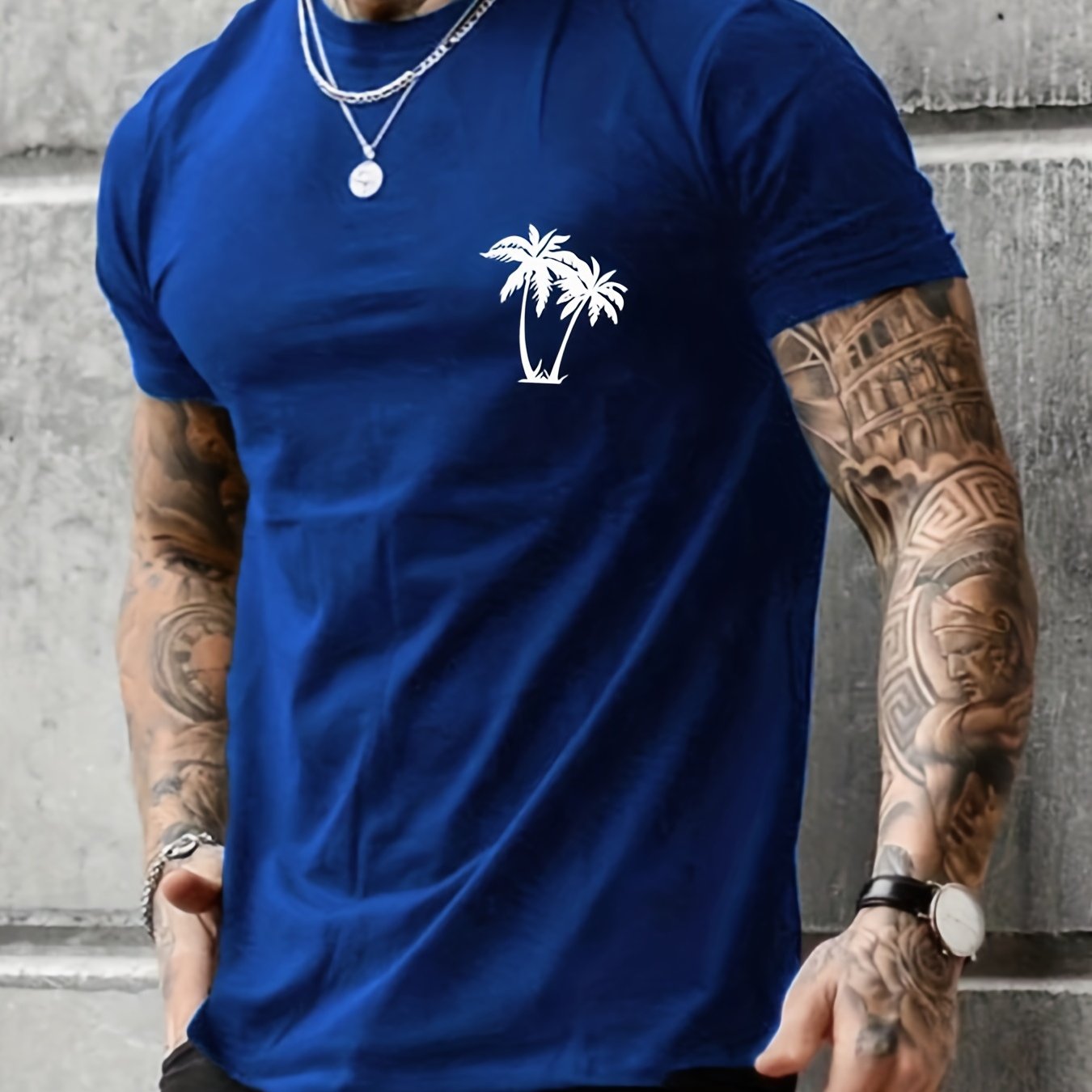 Sketch Style Palm Tree Pattern Top Casual Mid Stretch Short Sleeve Crew Neck Graphic T-shirt, Men's Tee For Summer Outdoor