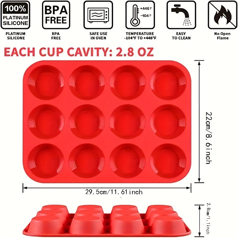 1pc, 12 Cups Silicone Muffin Pan (32.51cmx24.38cm), Nonstick BPA Free Cupcake Pan, Regular Size Silicone Mold, Baking Tools, Kitchen Gadgets, Kitchen Accessories