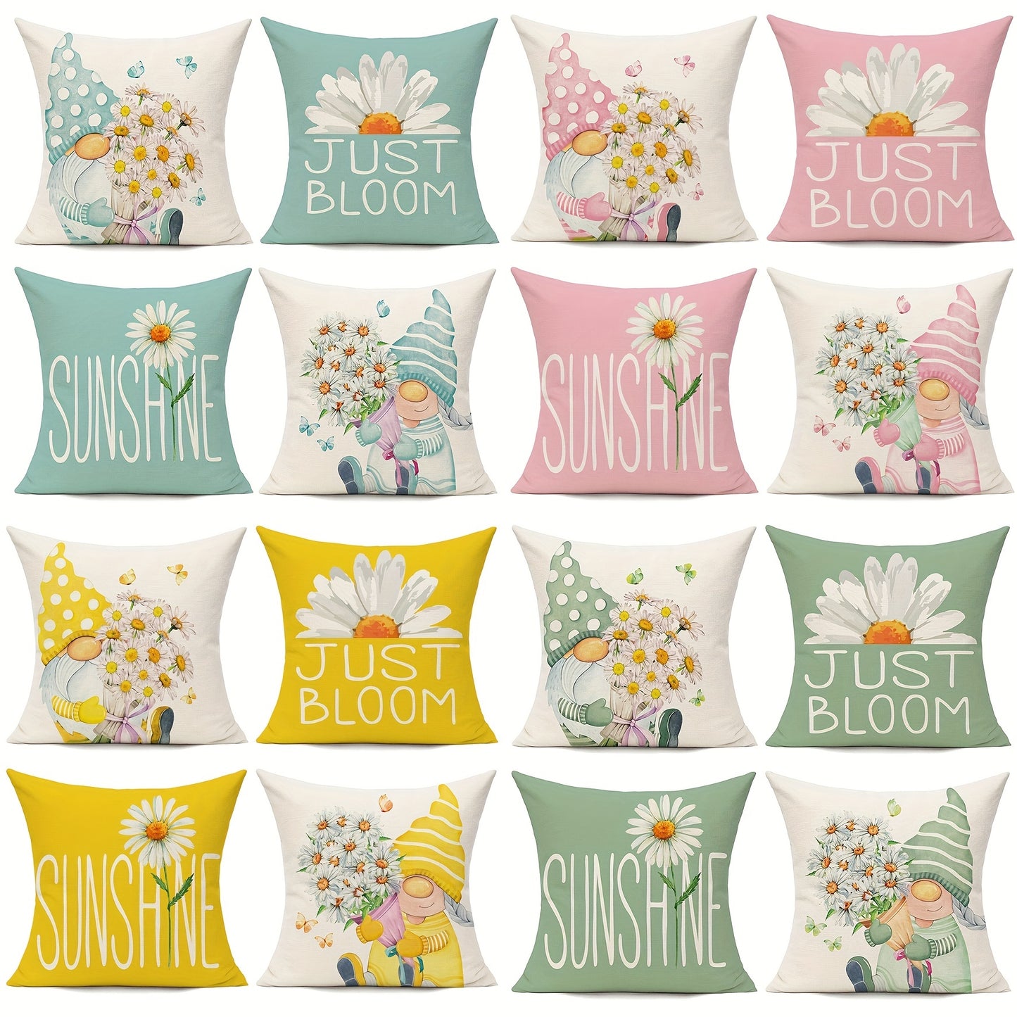 4pcs Daisy Flower Gnome Pattern Spring Throw Pillow Covers, For Home Couch Patio Furniture Bench Sofa Porch Decor, No Pillow Insert, 45.72*45.72cm