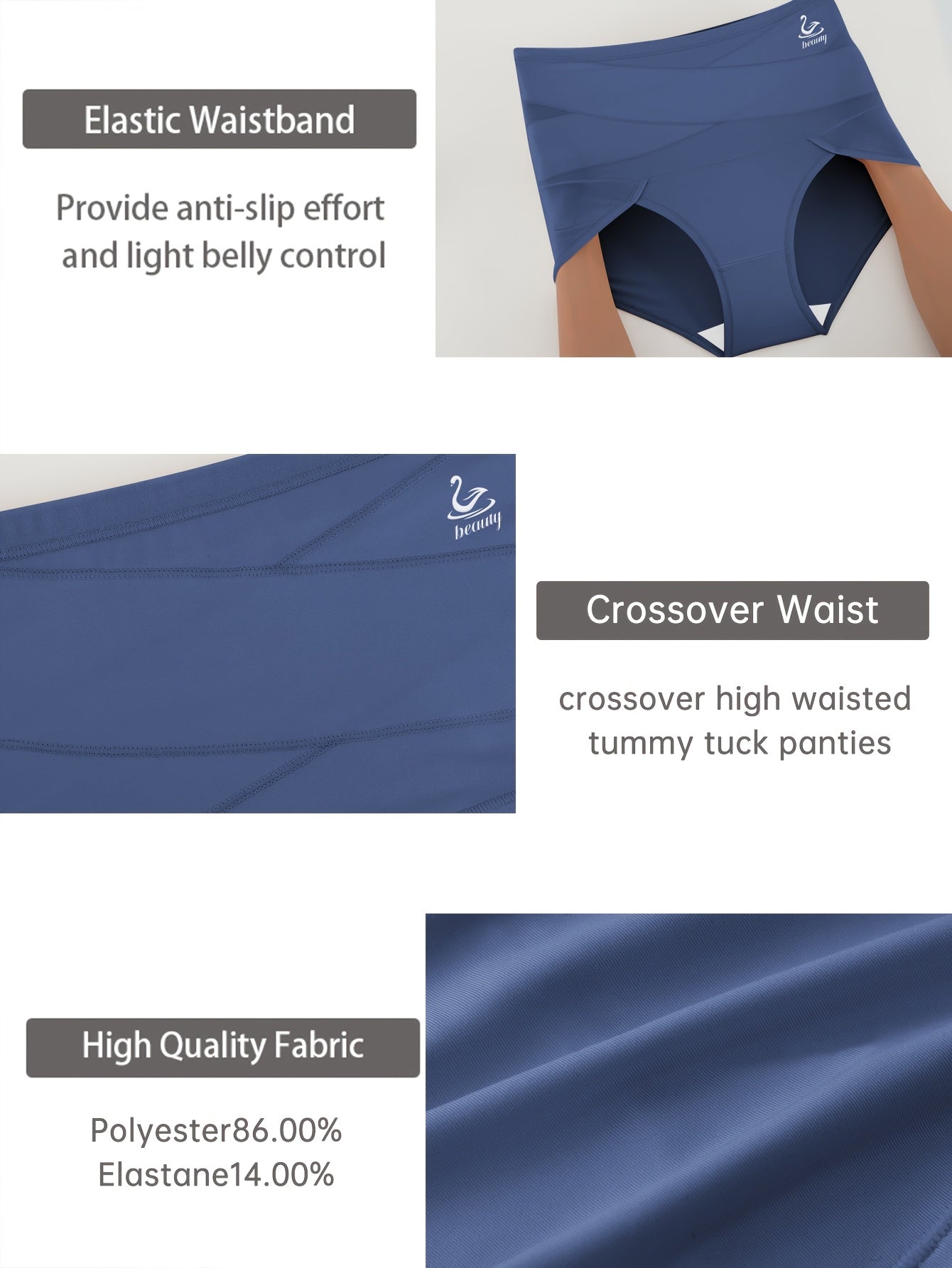 4pcs QUASTI High Support Women'S Adjustable Briefs - Tummy Tucking & Hip Lifting, Breathable & Comfortable, Cross Waistband Design with Swan Logo, S-XXL, Daily Wear Trousers, Comfortable Underwear | Stylish Undergarment | Com
