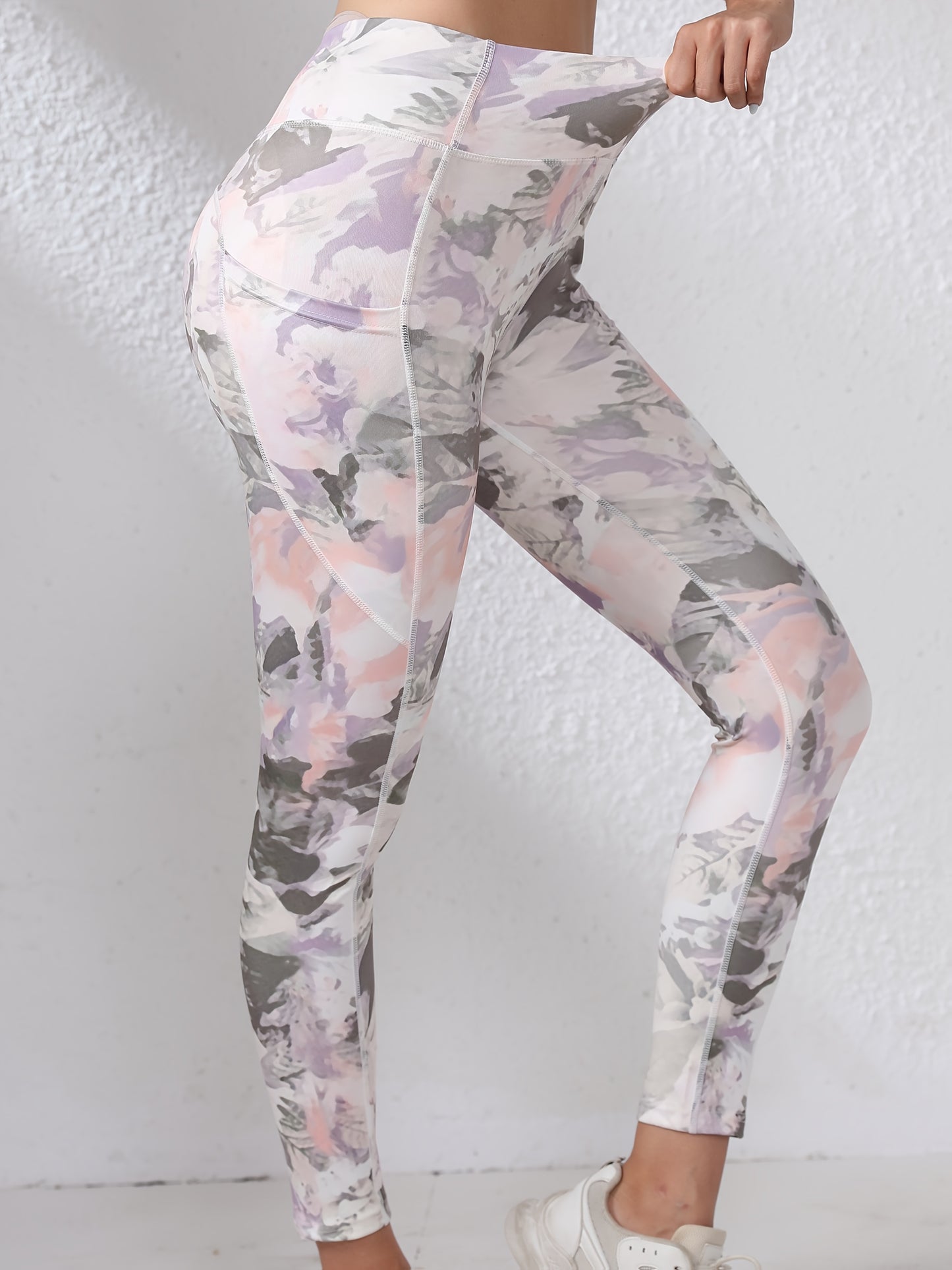 Women's High-Waisted Yoga Leggings with Pockets - Tummy Control Butt-Lifting Workout Pants, Floral Print, Stretchy Polyester/Elastane Blend, Machine Washable for Gym, Running & All-Season Wear