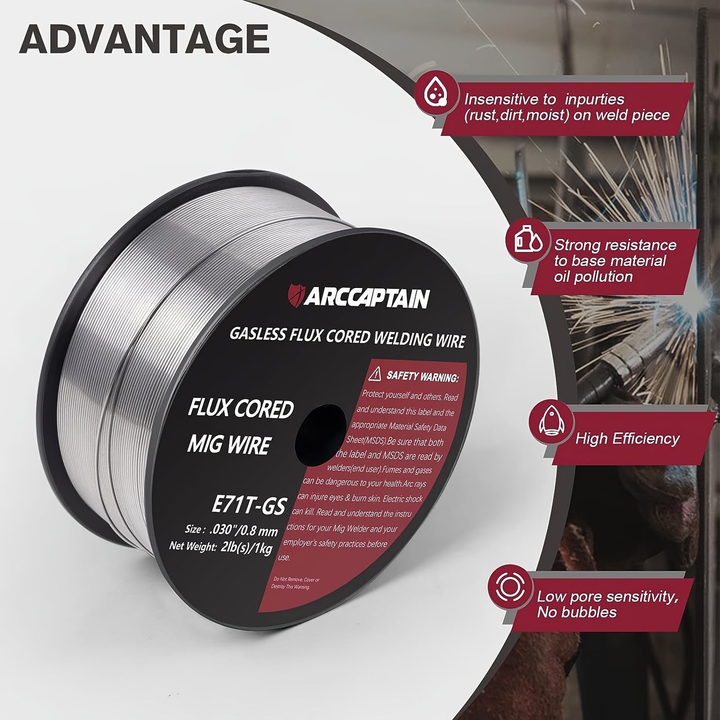 2-pack ARCCAPTAIN Flux Core 0.8 Mm 2 Kg E71T-GS MIG Welding Wire For Gasless Welding Machines MIG/MAG Flux Wire, Tested, D100 Wire Coil With 20 Mm Mandrel