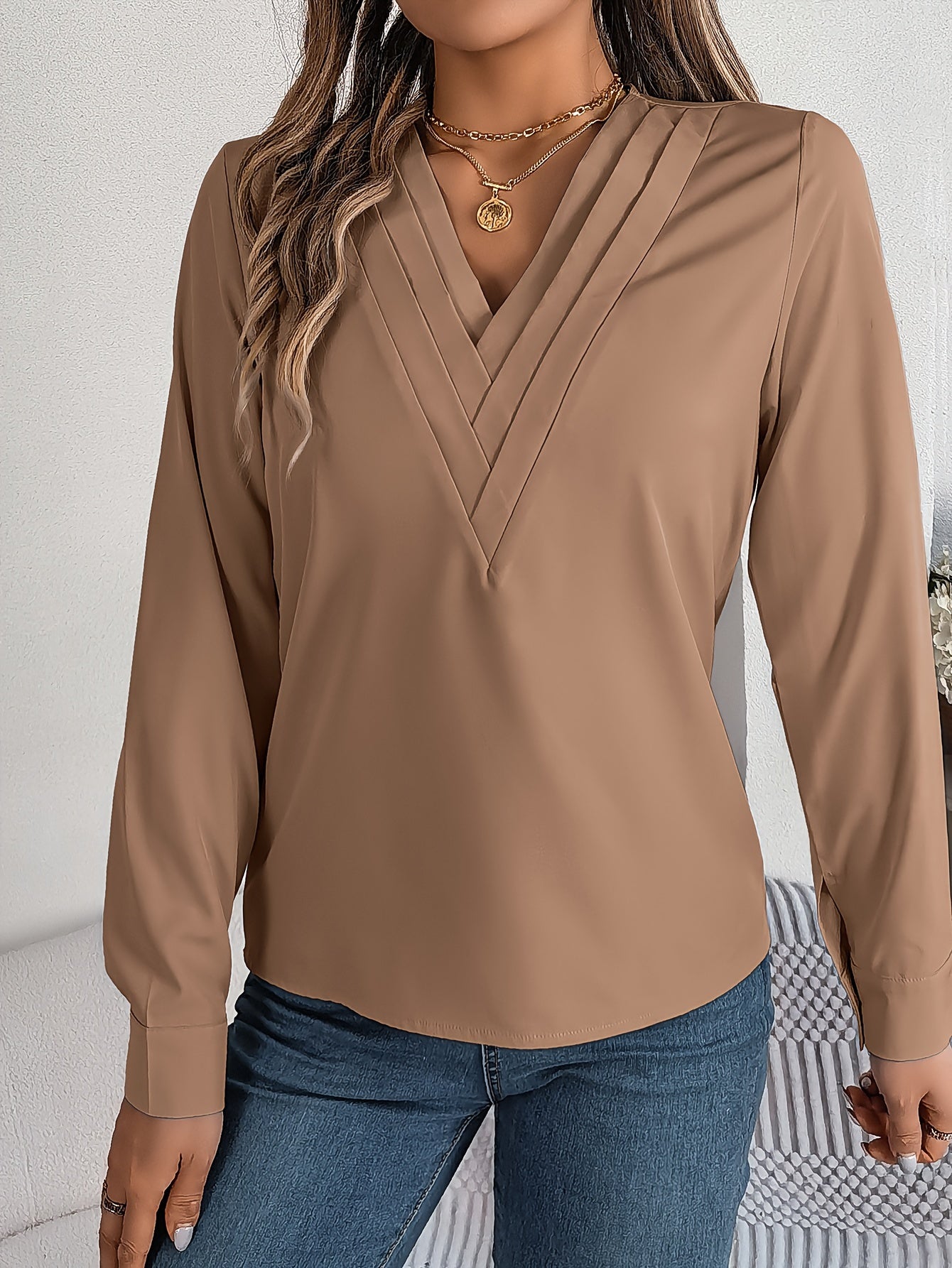 Women'S Elegant V-Neck Long Sleeve Shirt, Solid Color Polyester Blouse with Triple V-Cut, 95% Polyester 5% Elastane, Woven Fabric, 120g/m², for Spring/Summer/Fall - Adult