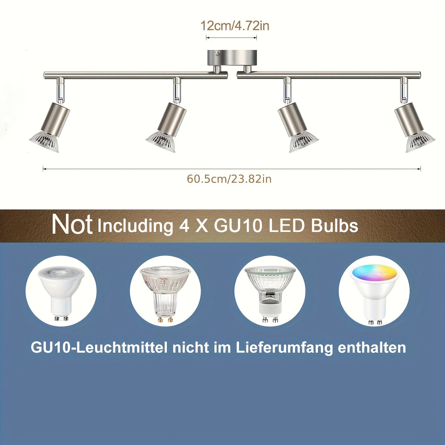 AMANSOUR Modern 4-Flame LED Ceiling Light, 330° Rotatable Spotlight, Semi Flush Mount, Matte Nickel, Cast Iron, Switch Control, Hard-Wired 110-240V, for Kitchen, Living Room, Bedroom - No Bulbs Included