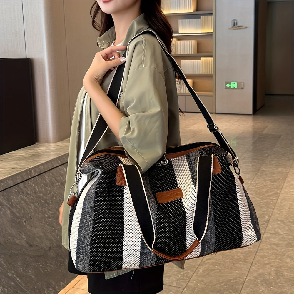 HUOHUO Women's Large Capacity Retro Striped Travel Handbag & Carry-On Luggage - Lightweight Nylon Suitcase with Adjustable Strap, Golden-Tone Hardware, Zipper Closure & Lining - Casual & Formal Use for Airplane, Train, Car Tr