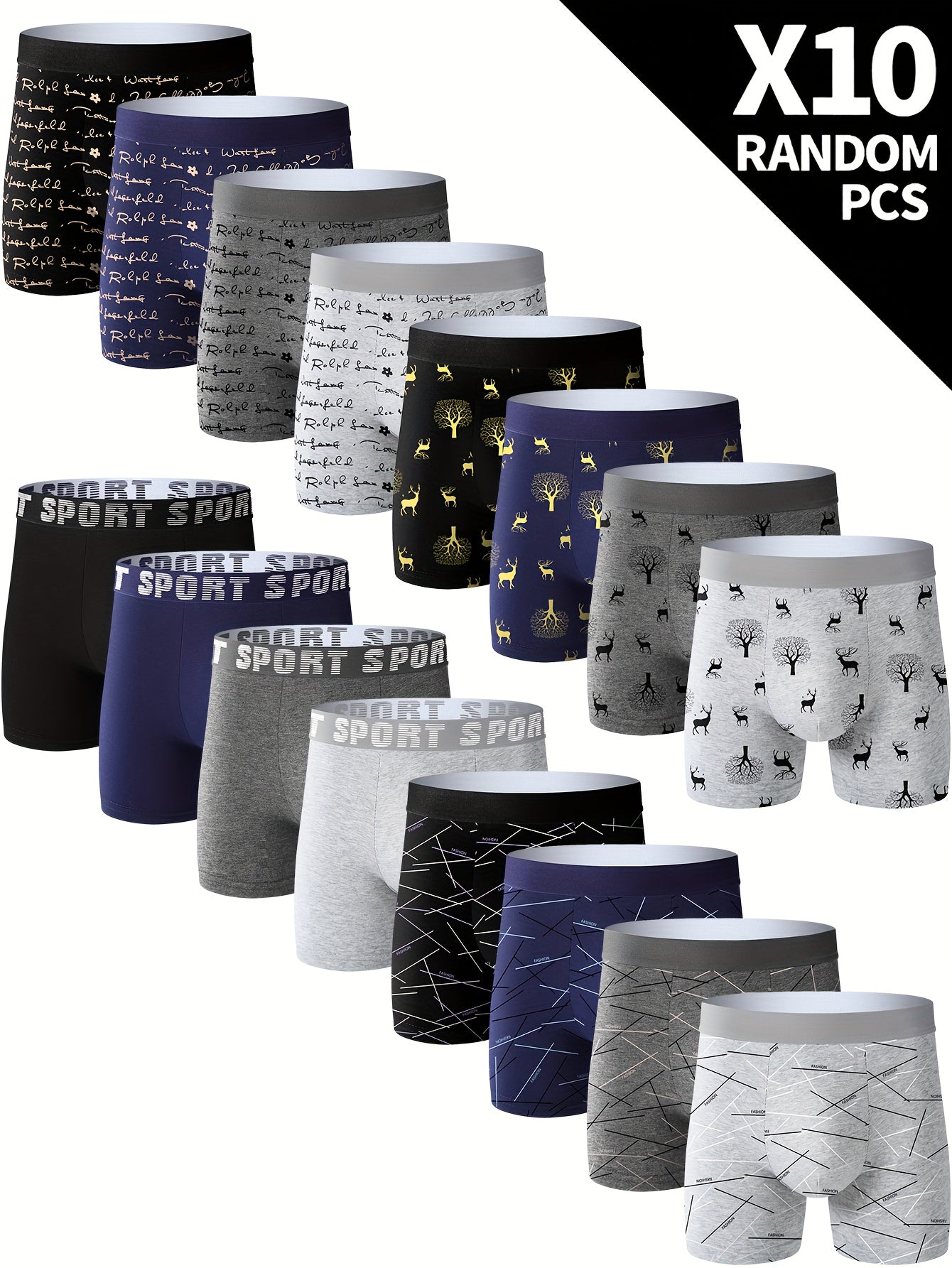 Stylish High Quality Series - 10 Pcs Men's Geometric Letter Deer Print Stretchy Long Boxer Briefs - Comfy & Quick- Drying & Breathable Underwear Set