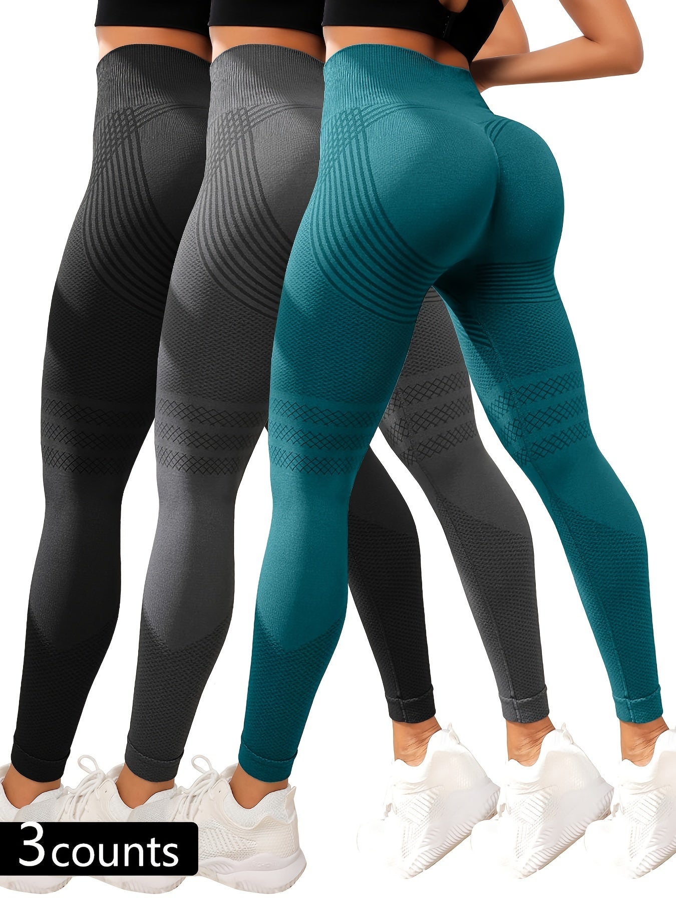 3-Pack Women'S High-Waisted Sports Leggings, Striped Yoga Pants with Hip Lift, Stretchy Knit Fabric, Polyamide 90% Elastane 10%, All-Season Skinny Tights for Fitness & Running, 280g/m²