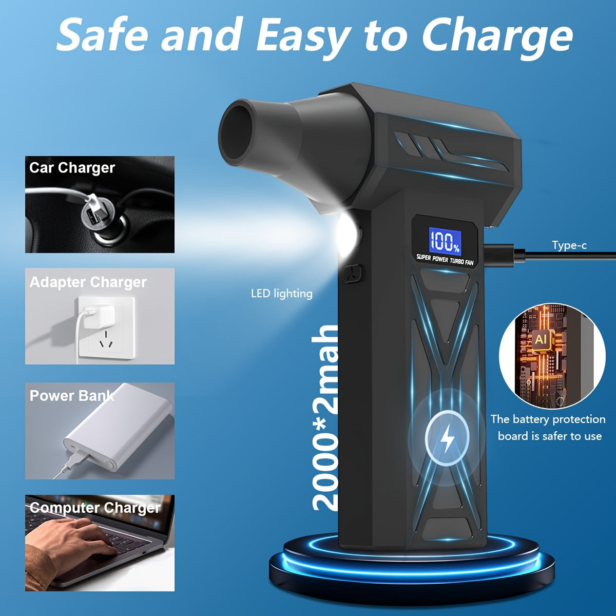 130000RPM Violent Turbofan, Intelligent Display Screen with 4-speed Adjustable, Includes 5 Nozzles, High-capacity Battery, The Best Holiday Gift for Portable Air Blowers Suitable for Computers, Keyboards, Outdoor and Car Clea