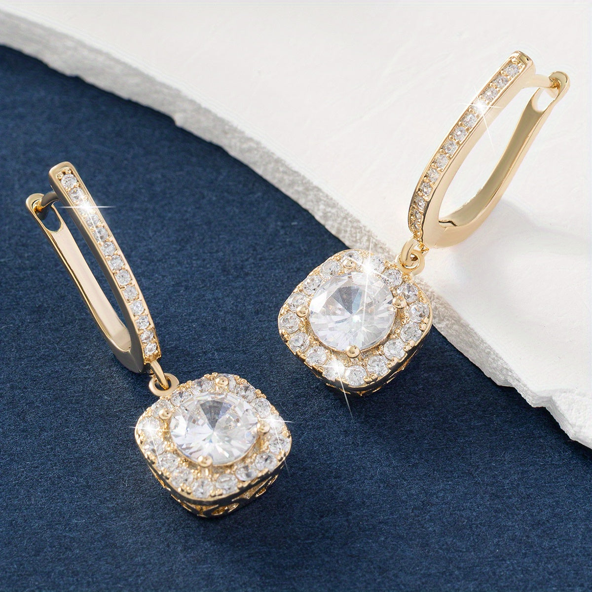 Square Shiny Zircon Decor Luxury Dangle Earrings Copper 14K Gold Plated Jewelry Exquisite Female Gift
