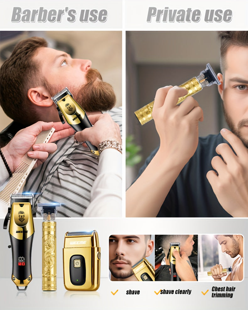 WEEME 4pcs Men'S Golden Electric Hairdresser Set, Household Beard Building Kit. Electric Hair Clipper + Electric Shaver + Electric Nose Hair Trimmer + Fine Trimmer. Used for Home, Car and Travel. Gifts for Fathers, Husbands,