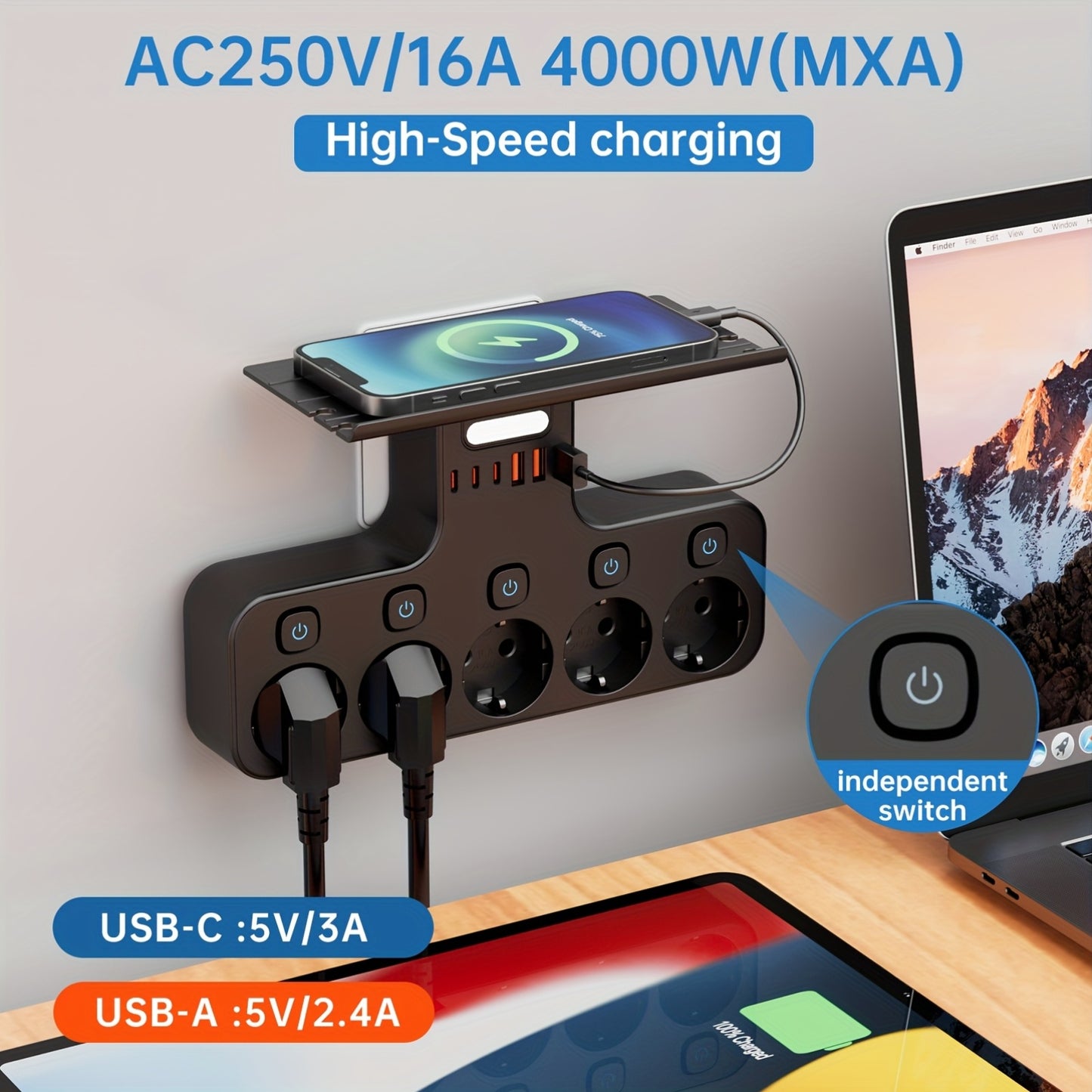 European 5-Pin Socket Extension with 3 USB-A and 3 USB-C Ports, Overload Protection, Smart Light Sensor, 4000W, 16A, Ideal for Home, Outdoor, and Office Use, Outdoor Power Supply, Modern Power Outlet, Durable Power Outlet