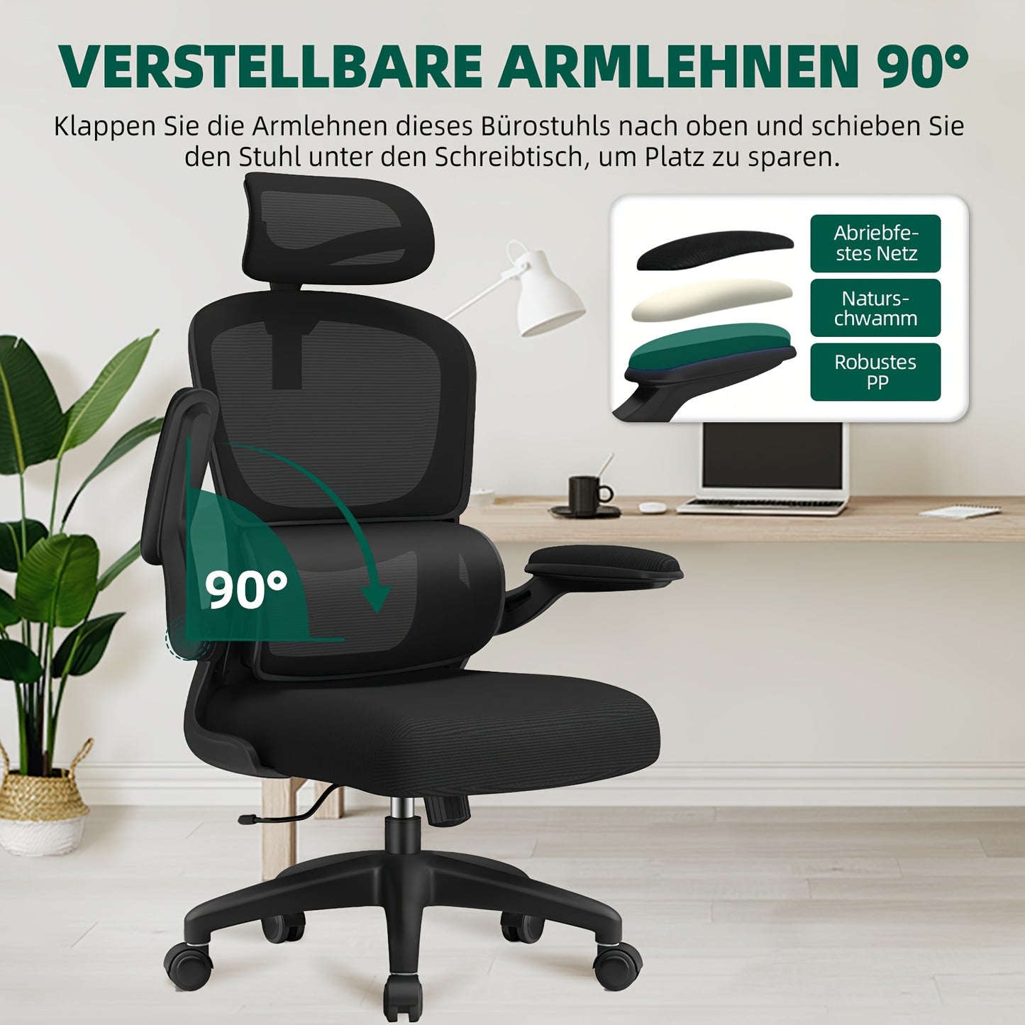 Cadeira de Escritório Ergonómica com Apoio Lombar e Braços Rebatíveis