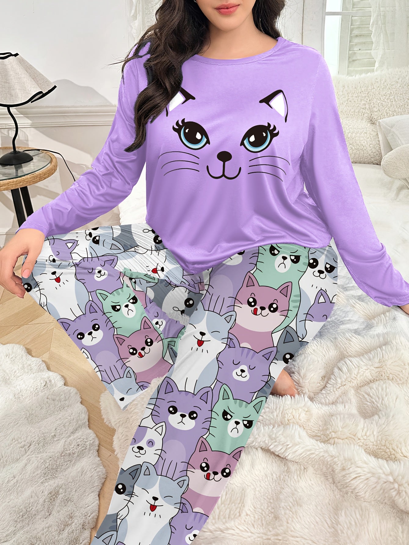 Plus Size - Plus Size Women'S Cozy Long Sleeve Pajama Set with Adorable Print - Soft Purple &, All-Season Comfort, Casual Home Wear, Perfect for Fall & Winter