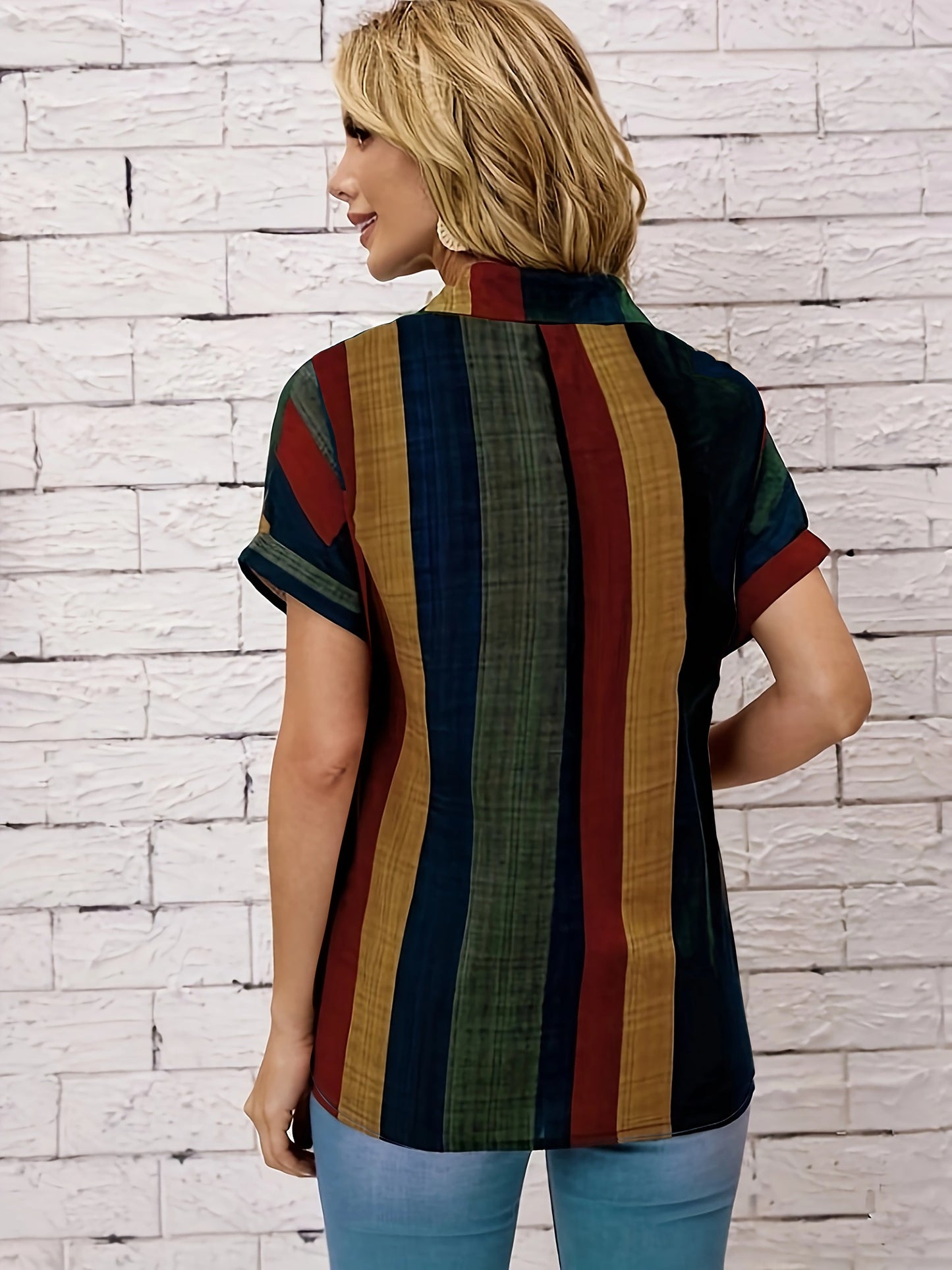 Striped Print Button Front Blouse, Vintage Short Sleeve Blouse For Spring & Summer, Women's Clothing