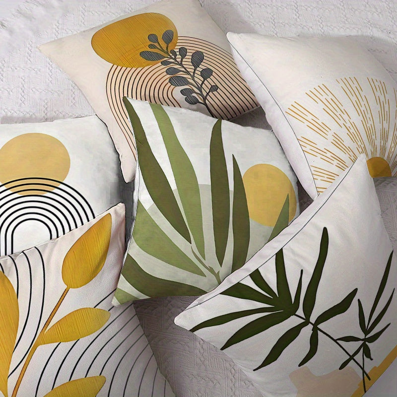 6pcs modern geometric pattern pillow case-white yellow green plant leaf pattern & abstract pattern, breathable zipper closure sofa bedroom car decorative cushion cover, all season machine wash (without inner core), suitable f