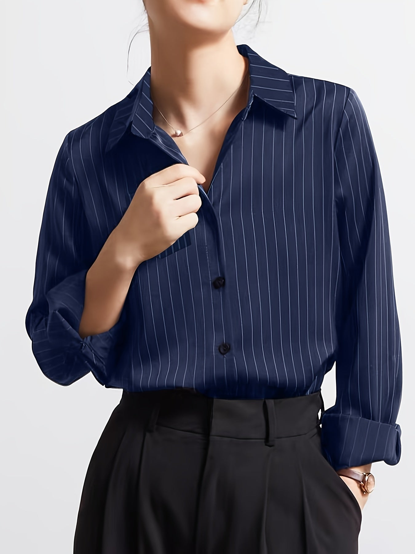 Striped Button Up Chest Pocket Blouse, Elegant Lapel Collar Long Sleeve Blouse, Women's Clothing