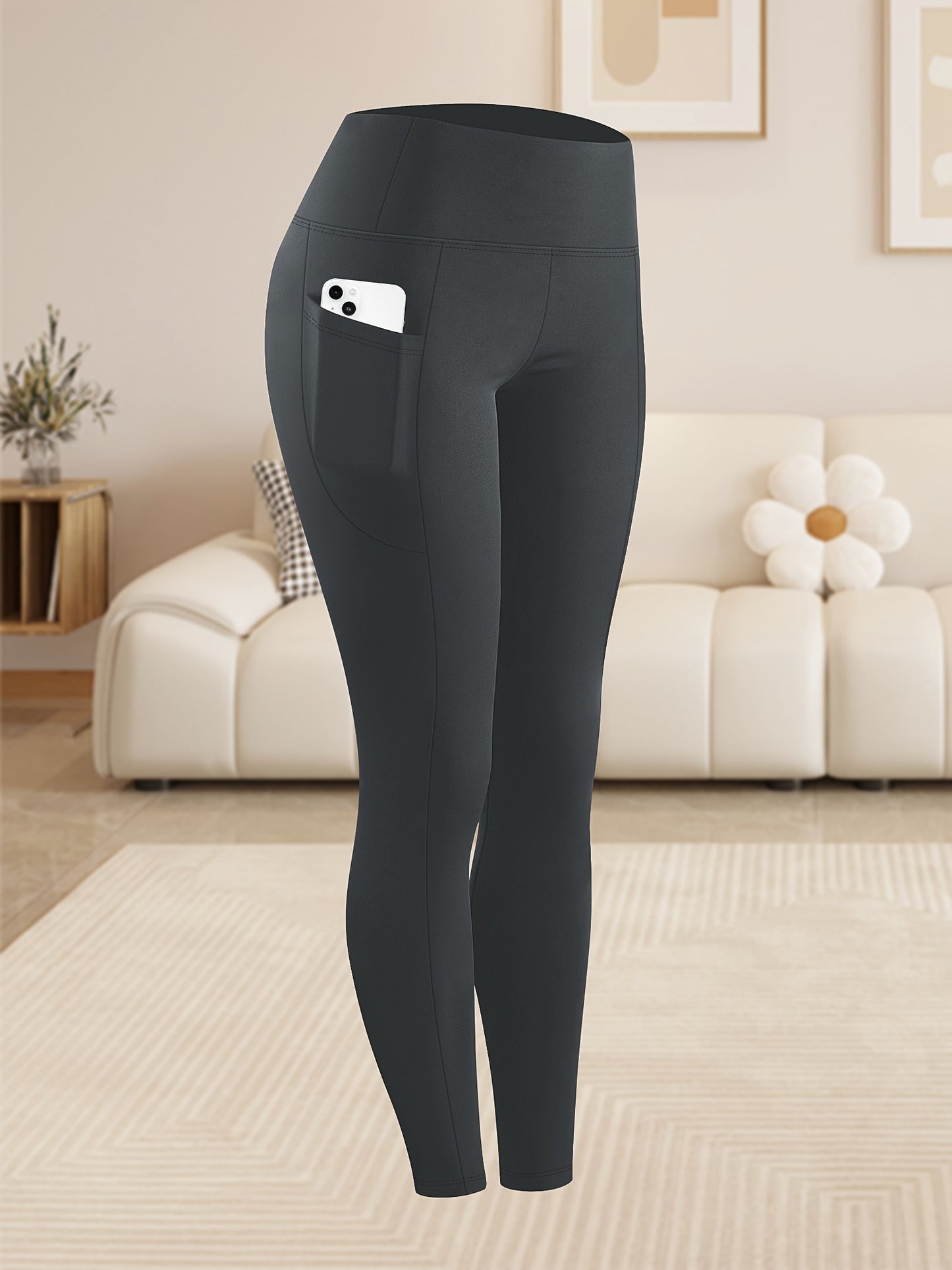 Women'S Plus Size High Waist Tummy Control Leggings with Side Pockets, 88% Polyester 12% Elastane, Knit Fabric, Stretchy Cropped Yoga Pants for Running & Fitness, All Season Solid Color Athletic Skinny Pants