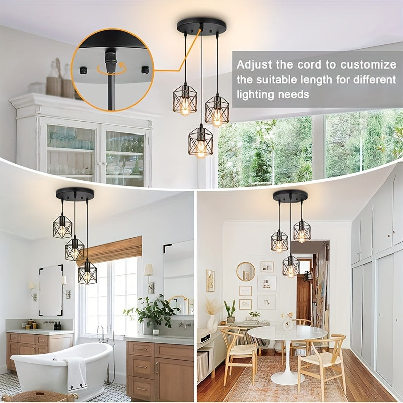 1pc 1/3 Heads Industrial Pendant, Adjustable Hanging Light Fixture, Vintage Farmhouse Pendant Light, With Metal Caged E26 Base, For Kitchen Island Dining Room Living Room