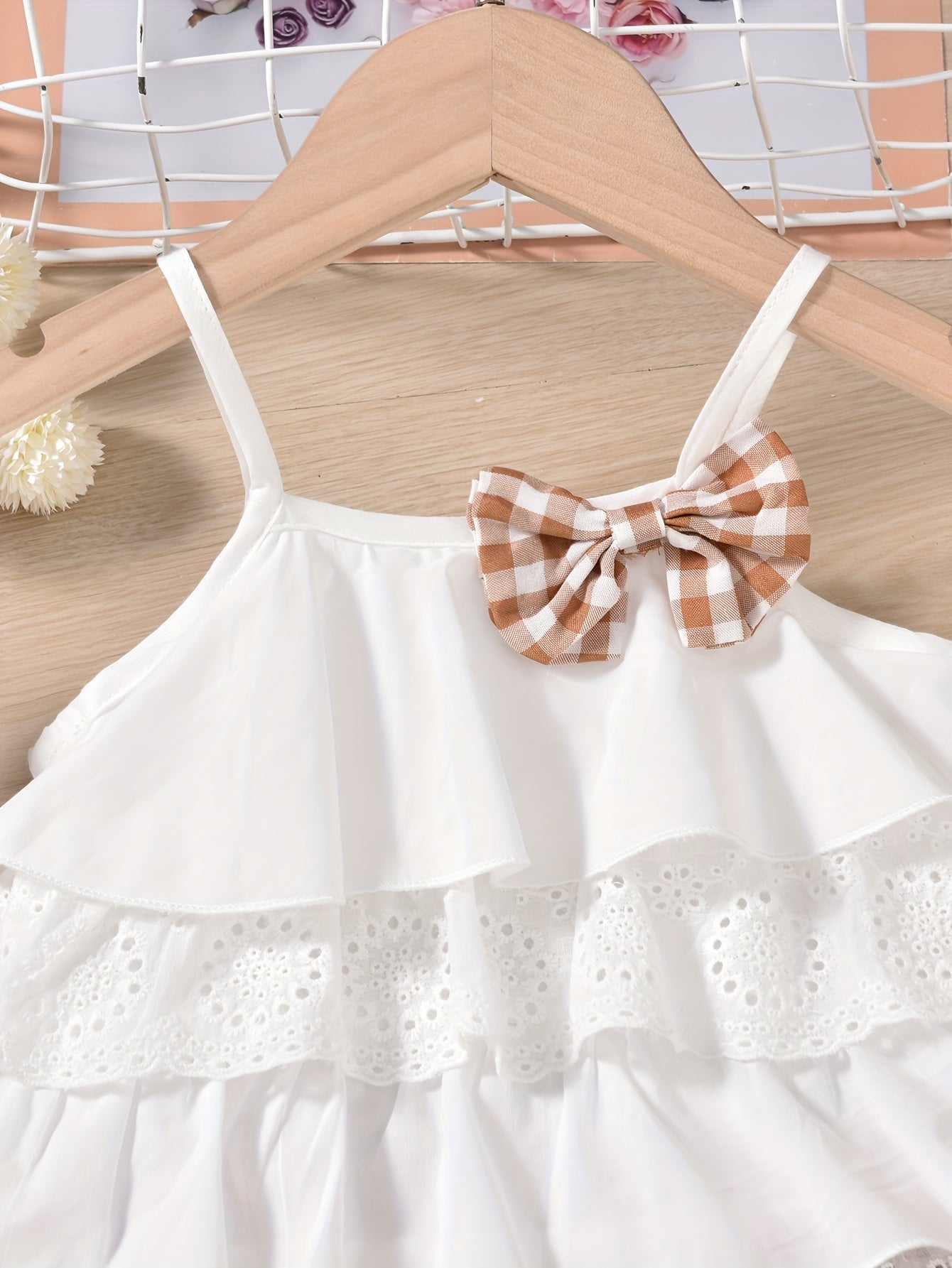 Cute Ruffle Lace Top & Check Shorts Two-Piece Set - White Blouse with Yellow Bow, Yellow & White Gingham Shorts, Perfect for Spring/Summer, Casual Playwear|Ruffle Detail Top|Nonstretch Fabric, for Outdoor