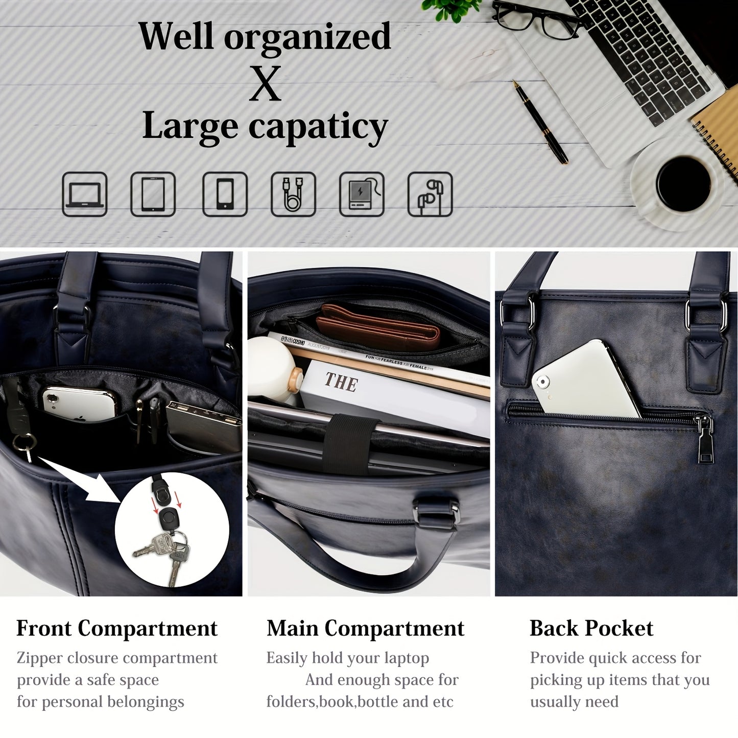 LUBARDY Men'S Business Handbag, Large Capacity B4 Two-way Synthetic Faux Leather Office Travel Commute Bag, Zipper Closure, Detachable Shoulder Strap, Polyester Lined, No Printing - Black/Brown, Navy Blue, Daily Commute Bag |