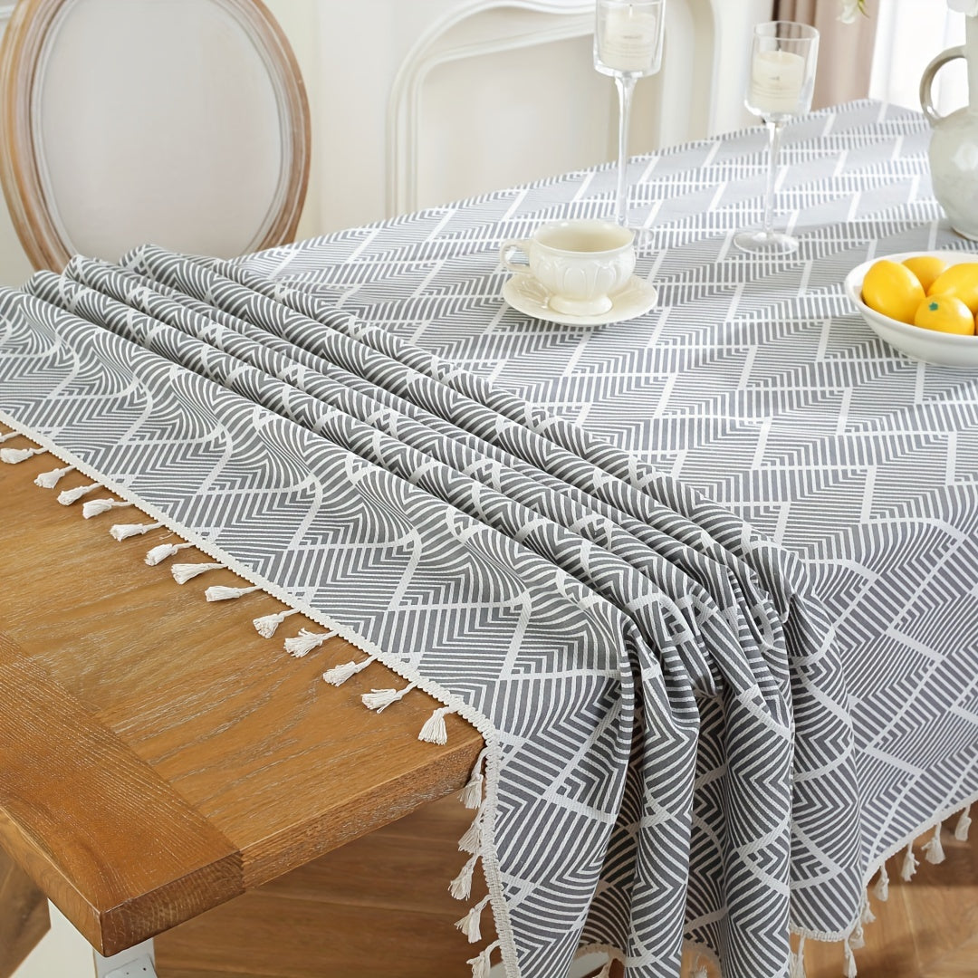 1pc, Bohemian Geometric Wave Pattern Tablecloth - European Style Cotton and Linen Rectangular Tablecloth for Farmhouse, Restaurant, Picnic, Camping, Birthday Party Decoration and Home Decor