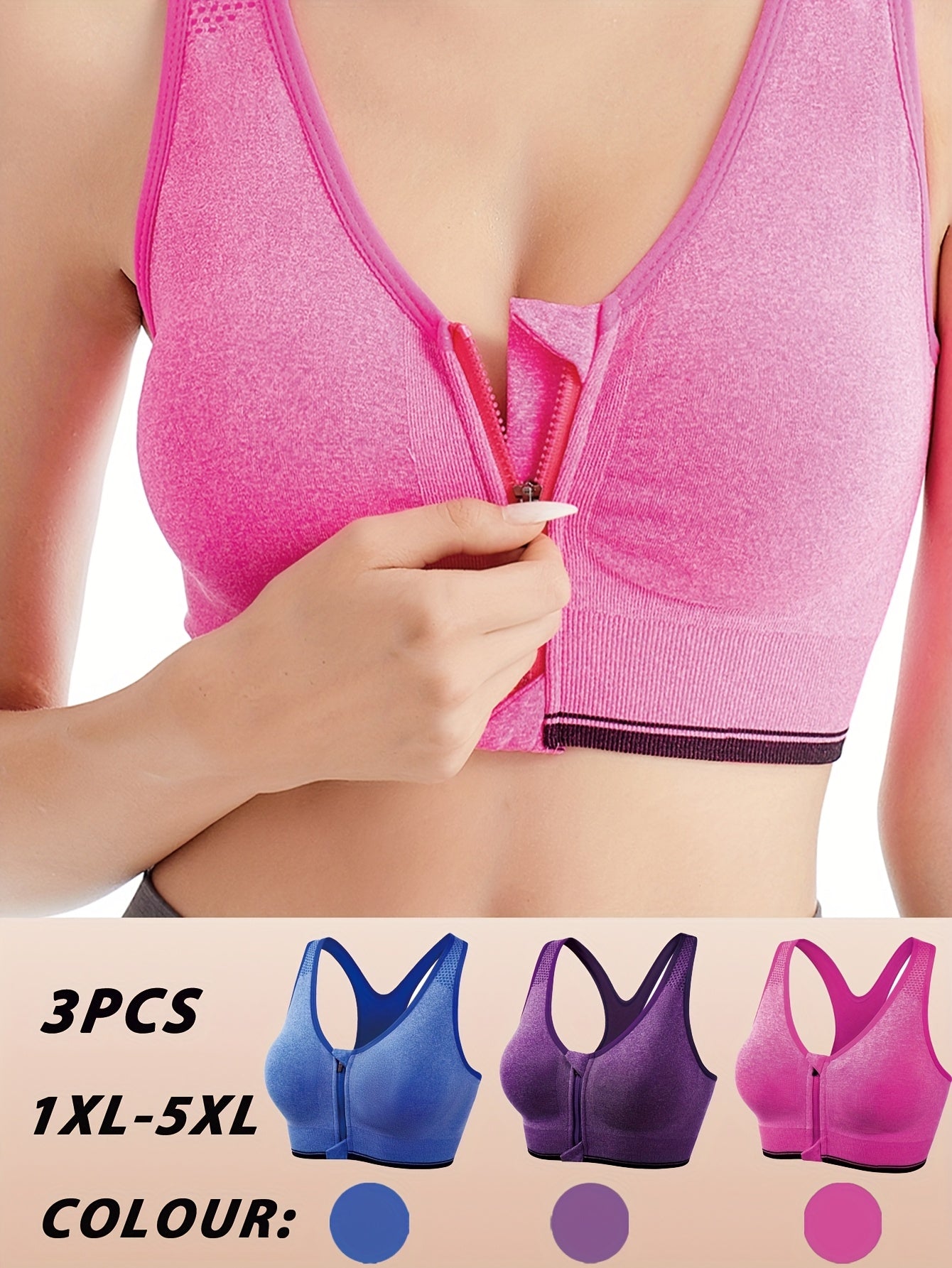 3pcs Plus Size Front Zipper Bras - No Underwire & Removable Pads, Breathable Mesh Running Bras for Women, 1XL-5XL (Navy/Black/Purple), Casual swear, Sleek y Look, Comfortable Fit