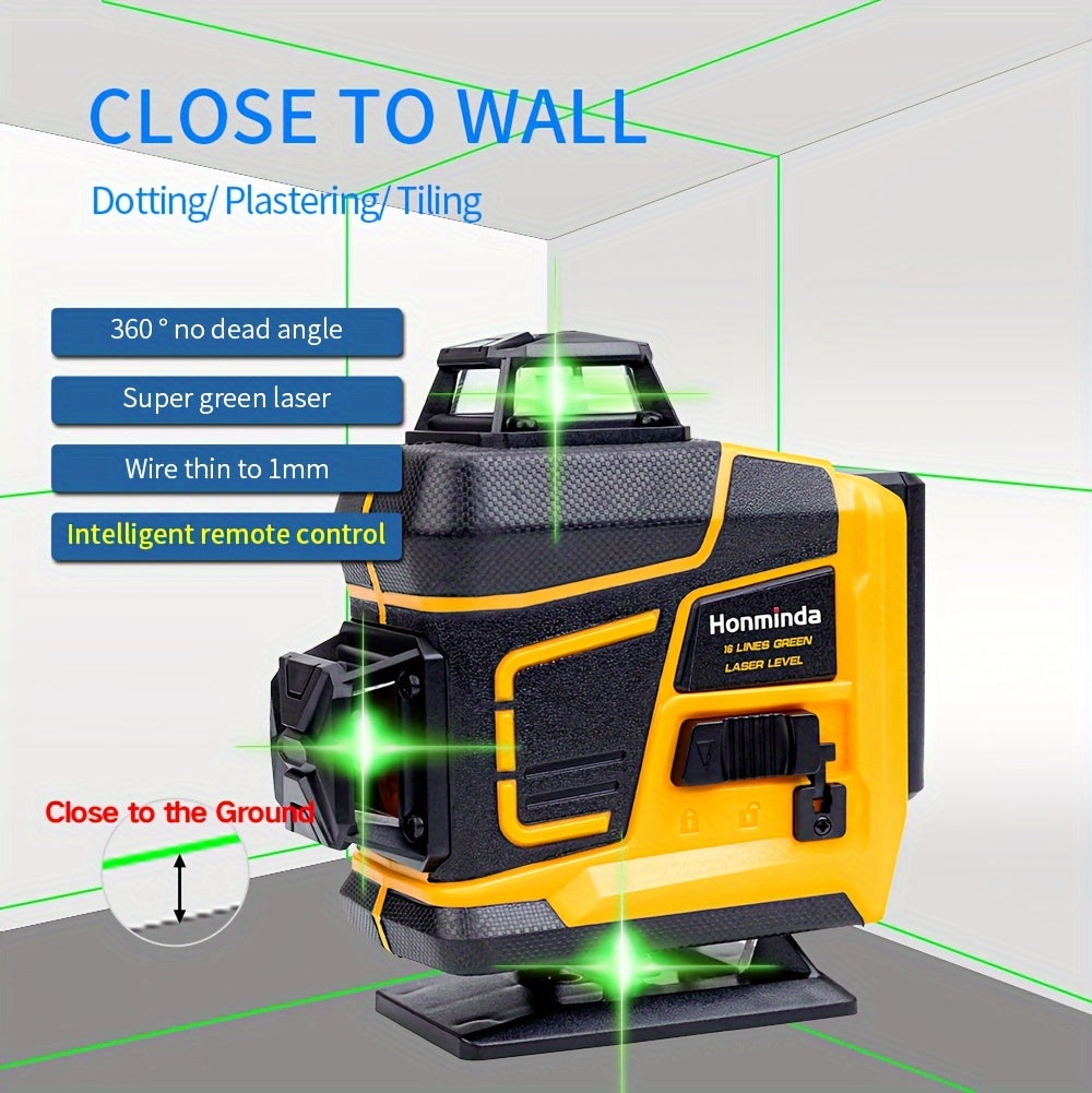 Honminda 16-Line 360° Self-Leveling Laser Level with Green Beam, 4x360° Vertical/Horizontal Cross Lines, Rechargeable Battery & Remote Control, Lifting Base & Tripod Included for Construction, Photography, Videography, Vide