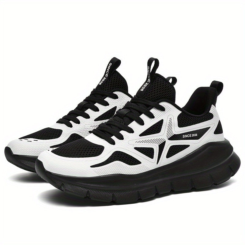 Men's Breathable Running Shoes - Lightweight Cross-Training Sneakers with MD Sole, White & Black Striped Low-Top Design for Gym, Jogging & Casual Wear, Sleek Sporty Look, Cushioned Comfort