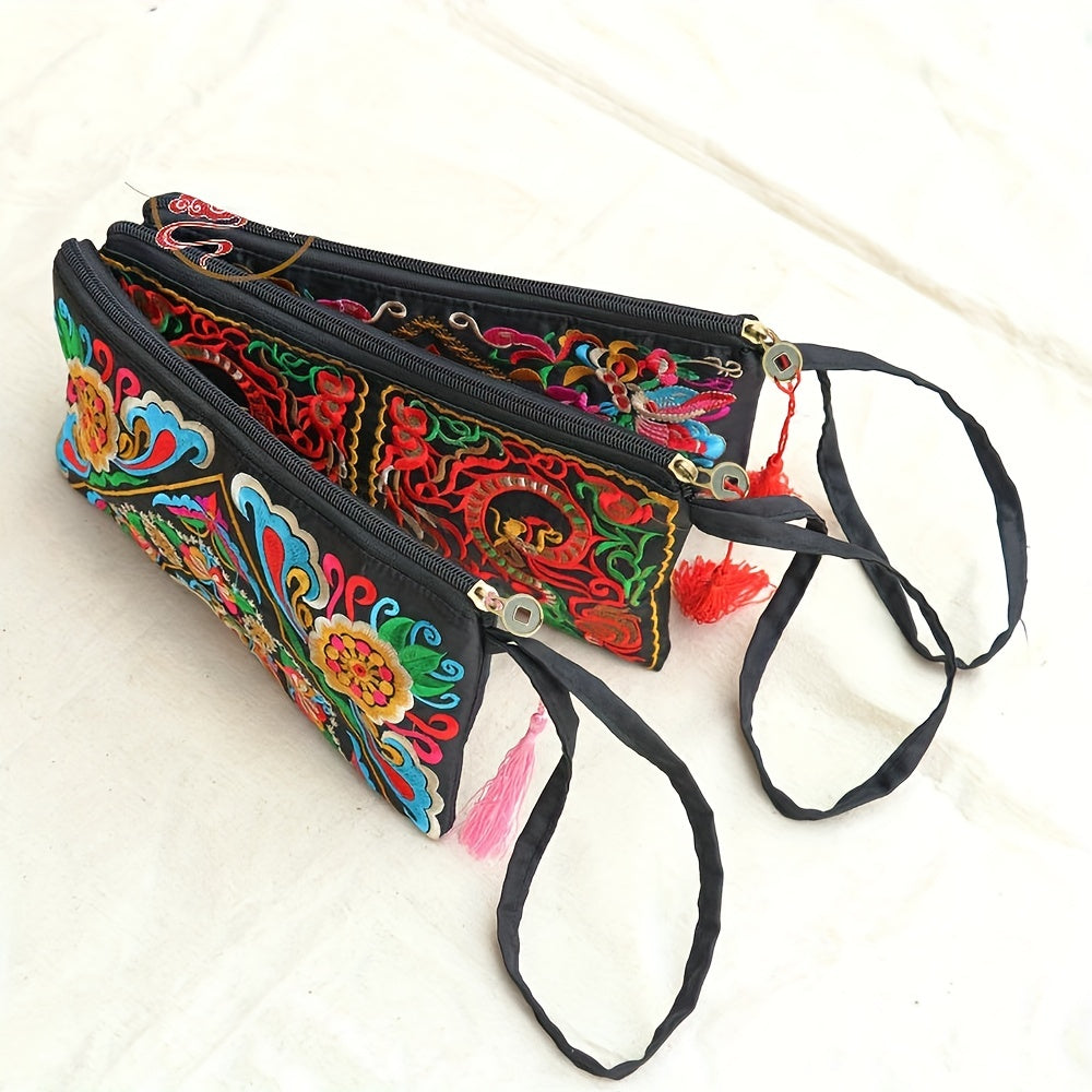 Retro Style Square Purse, Ethnic Style Phone Clutches, Floral Embroidery Handbag With Wristlet