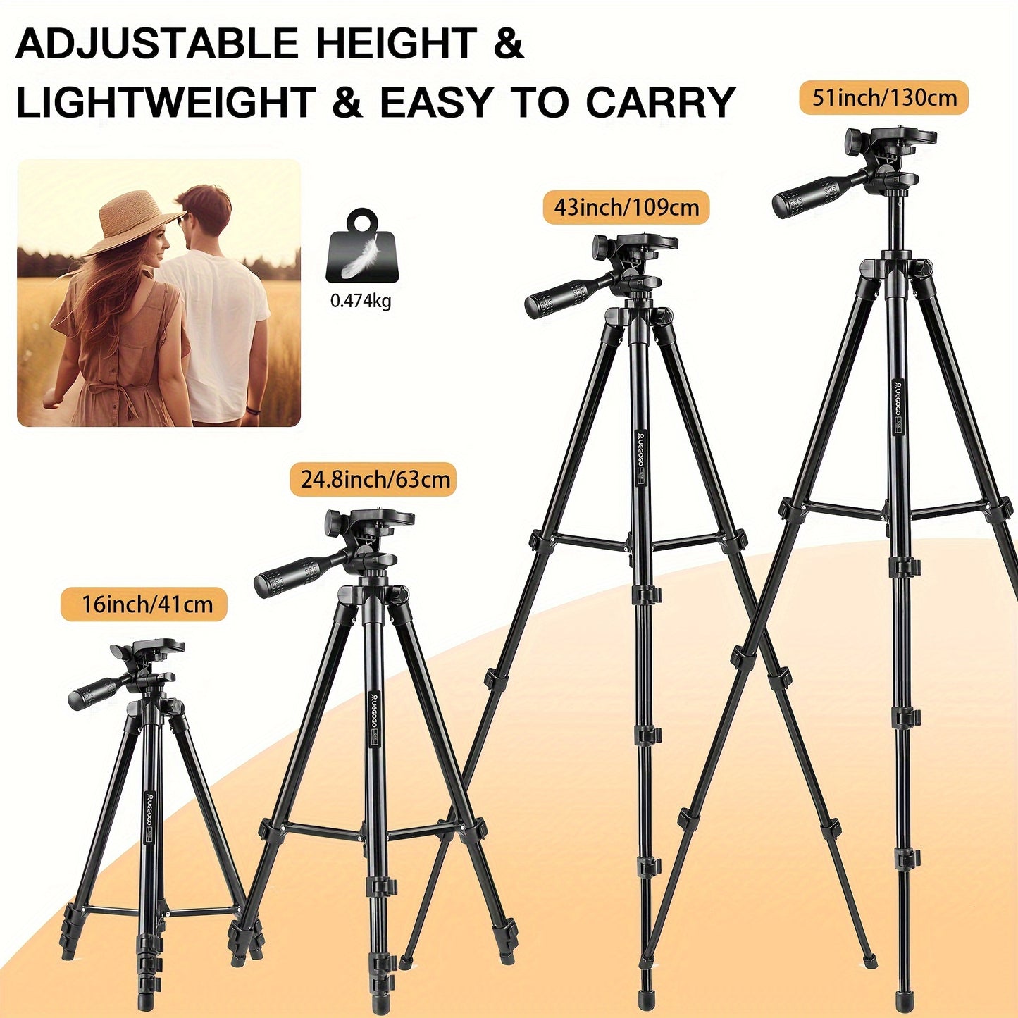 Ultra-Light 129.54cm Professional Tripod with 360° Rotating Pan Head for Phones & Cameras - Ideal for Recording & Live Streaming, Easy to Carry, UEGOGO