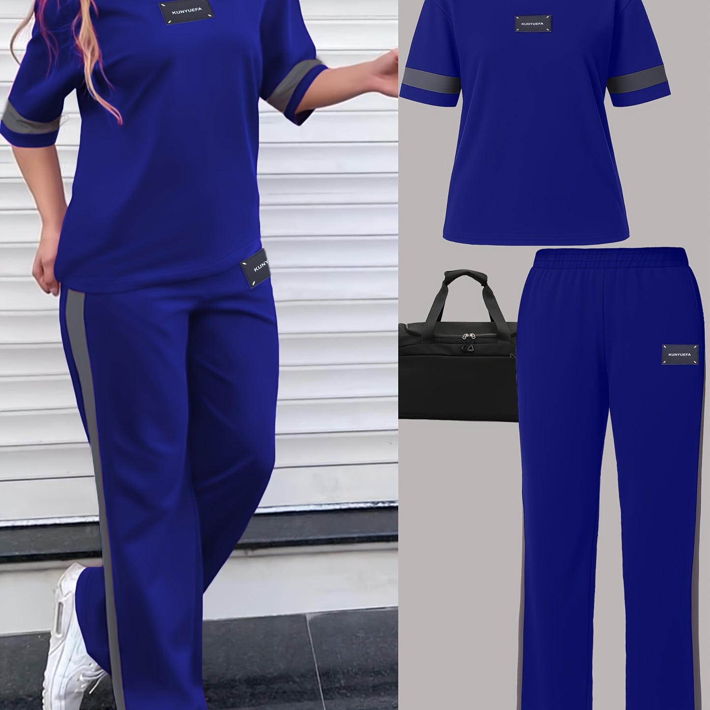 Autumn Fashion Trend: Color-Block Round Neck Short Sleeve T-Shirt + Casual Loose-Fit Elastic Waist Straight-Leg Pants Women's Two-Piece Set