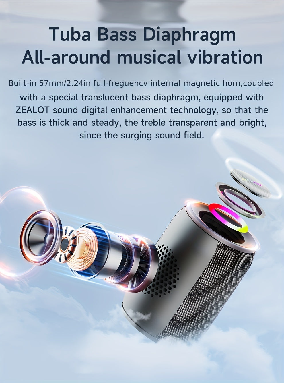 ZEALOT S32Pro 15W Wireless Speaker, Portable Bass, TWS Supports Dual Pairing, 3600mAh Battery, RGB Light, 10 Hours of Gaming Time, Loud Stereo, Charging Cable And Auxiliary Cable, Compatible With Memory Card/usb Insert, Suita