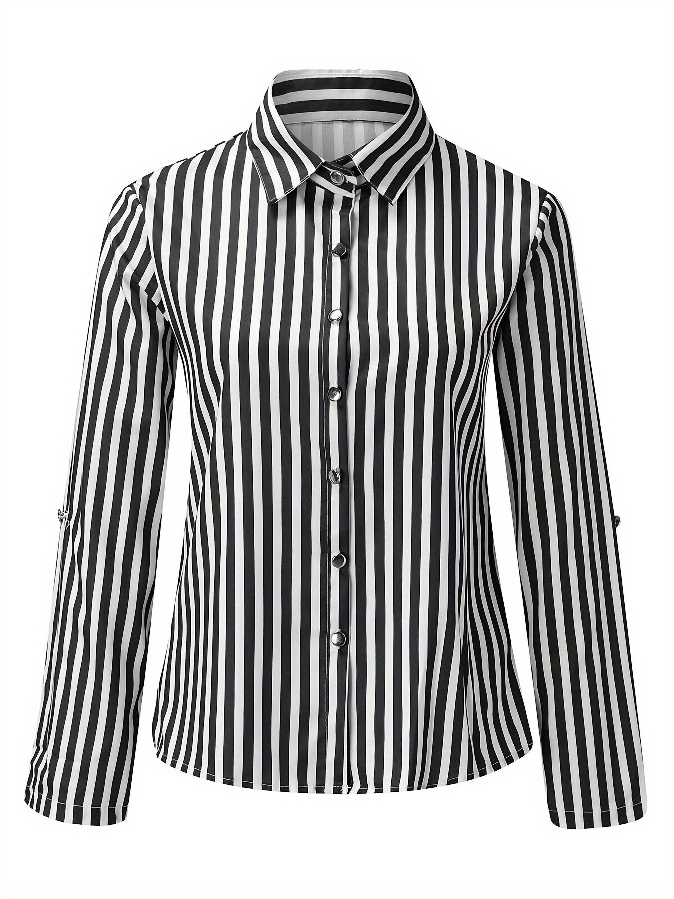 Striped Print Button Front Shirt, Elegant Long Sleeve Business Work Shirt With A Collar, Women's Clothing