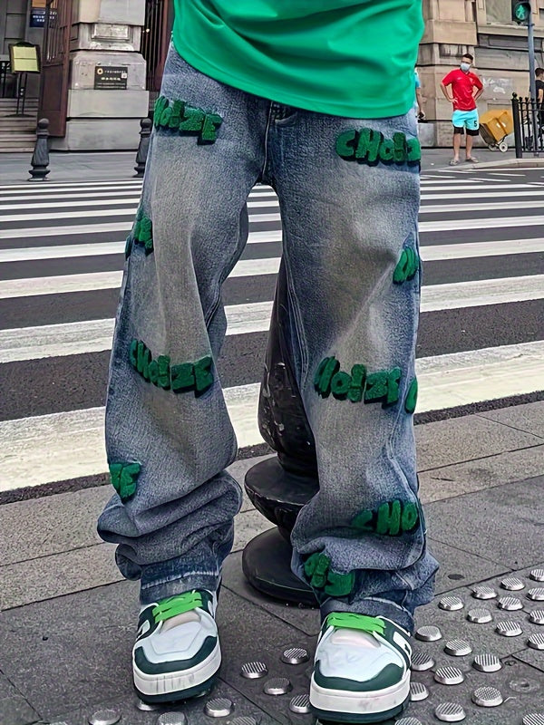 Embroidery Cotton Baggy Jeans, Men's Casual Creative Street Style Denim Pants For Spring Summer