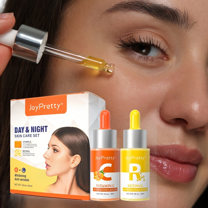 Vitamin C Serum In The Morning And Retinol Essence In The Evening, Facial Skin Care Serum Set, Moisturizing, Rejuvenating Essence To Improve Rough Skin, 30ml*2pcs/Set With Plant Squalane