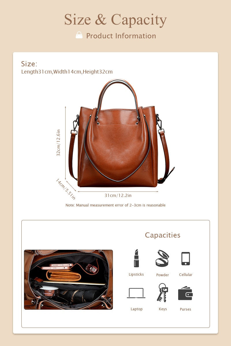 Women'S Genuine Leather Tote & Crossbody - Elegant Minimalist Hand with Golden-Tone Hardware, Zipper Closure, Golden-Tone Hardware &, Sturdy Base For Everyday & Formal Use, Versatile Accessory, Sleek Design, Durable Construct