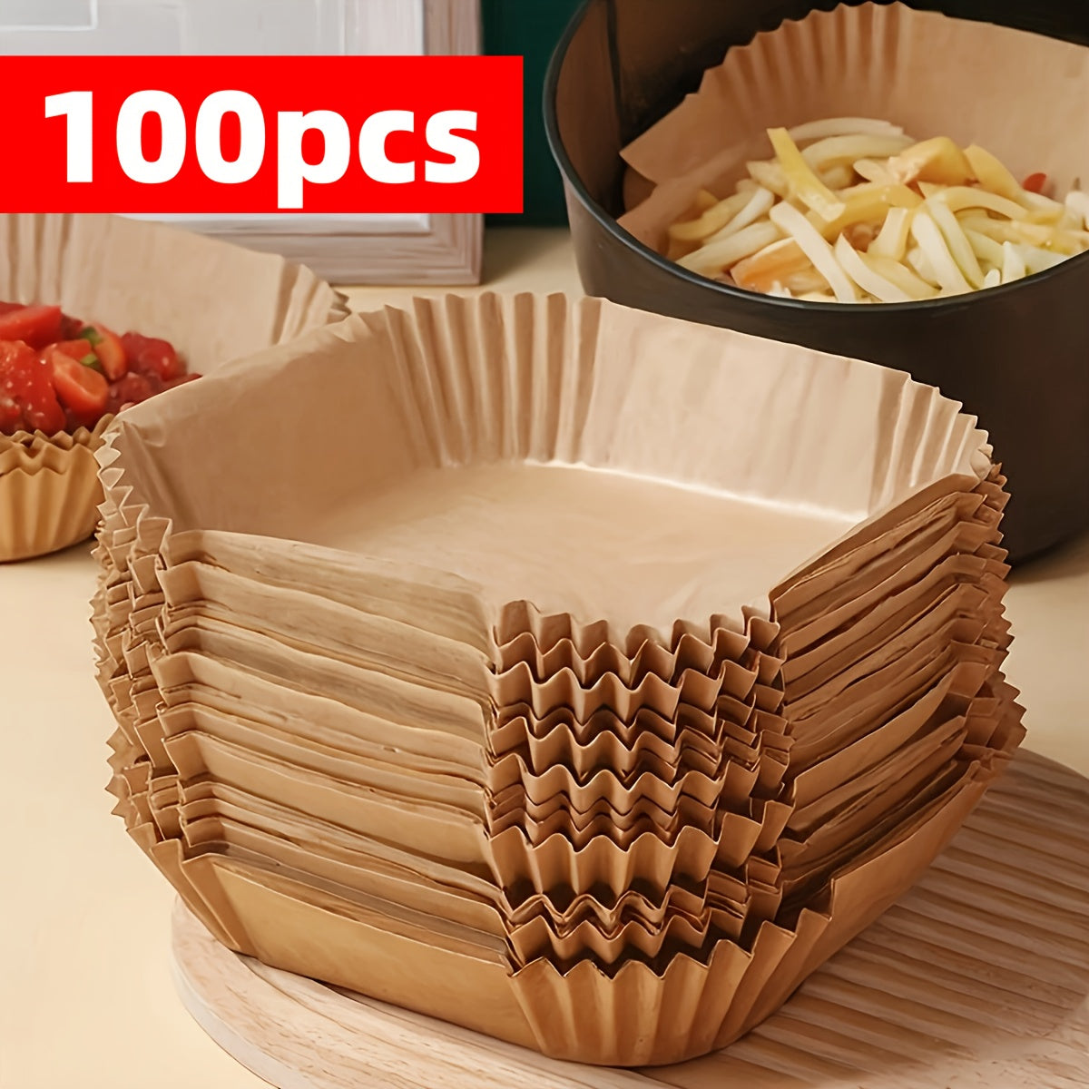 100pcs Non-Stick Air Fryer Liners - Premium Paper Single Sheets with Ridged Edges for Secure Cooking, Easy Cleanup & Healthy Cooking - Multi-Use for Baking, Roasting, Microwaving - Ideal for Home & Commercial Kitchens, Air Fr
