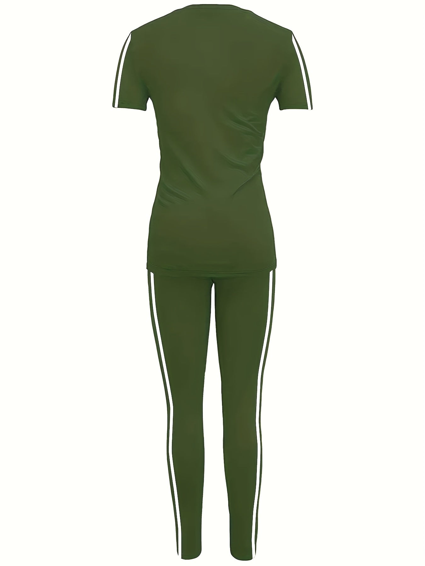 Women'S Casual Fashion Outdoor Sports Set, Double-Sided Striped Round Neck Short Sleeve Long Pants Two-Piece, Women'S Jogging Suit, Solid Color, Medium Stretch, Regular Sleeve, Crew Neck, Side Stripe, Pullover, Spring/Summer/