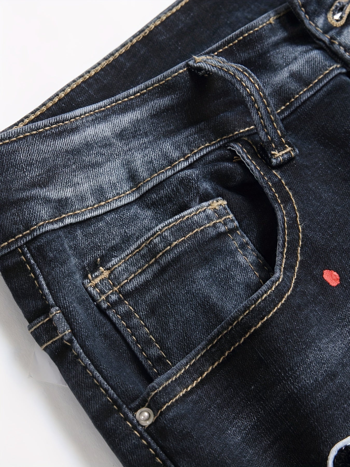 Patch Splatter Ripped Jeans, Men's Casual Street Style Distressed Slim Fit High Stretch Denim Pants For Spring Summer