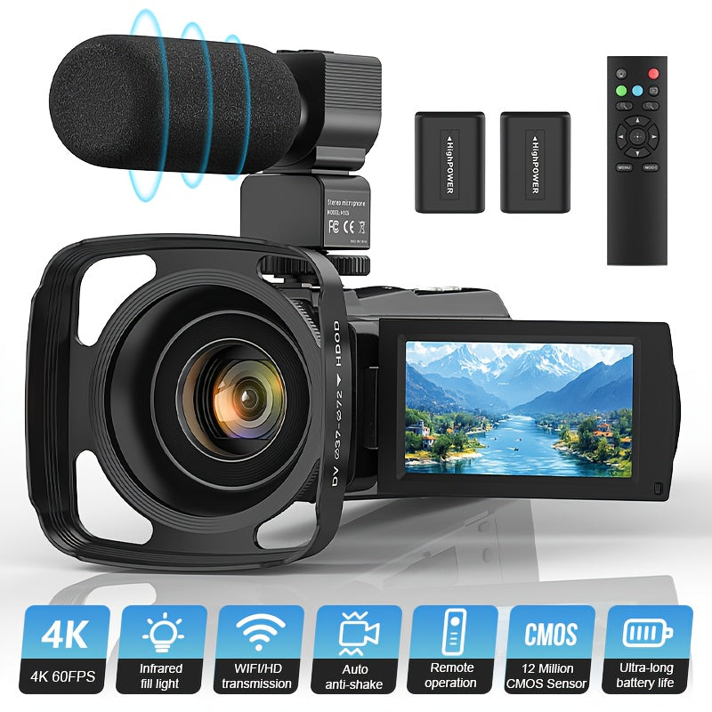 Flyfrost 4K 60FPS HD Camcorder with External Mic, 6D Stabilization & WIFI FPV Drone-like Camera, 48MP Photo/Video, 7.62cm Touch Screen, Auto Focus, 80° Lens, Remote Control, Compatible with PC/Mobile for Vlogging, YouTube Re