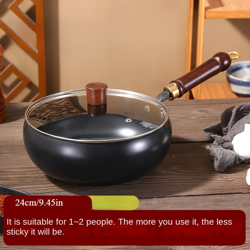 Hand-Forged Large Bellied Iron Wok - Non-Stick Deep Round Frying Pan with Wooden Handle, Heavy-Duty Cast Iron Cookware for Stir-Frying, Braising, Braising Pot, Traditional Cooking Pot, Durable Cooking Pot