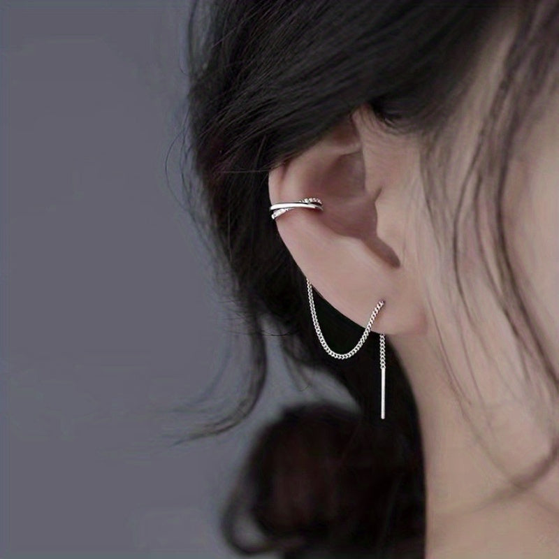 Shiny Zircon Decor Sexy Ear Cuff Threader Earrings Copper Jewelry Exquisite Female Gift Daily Casual