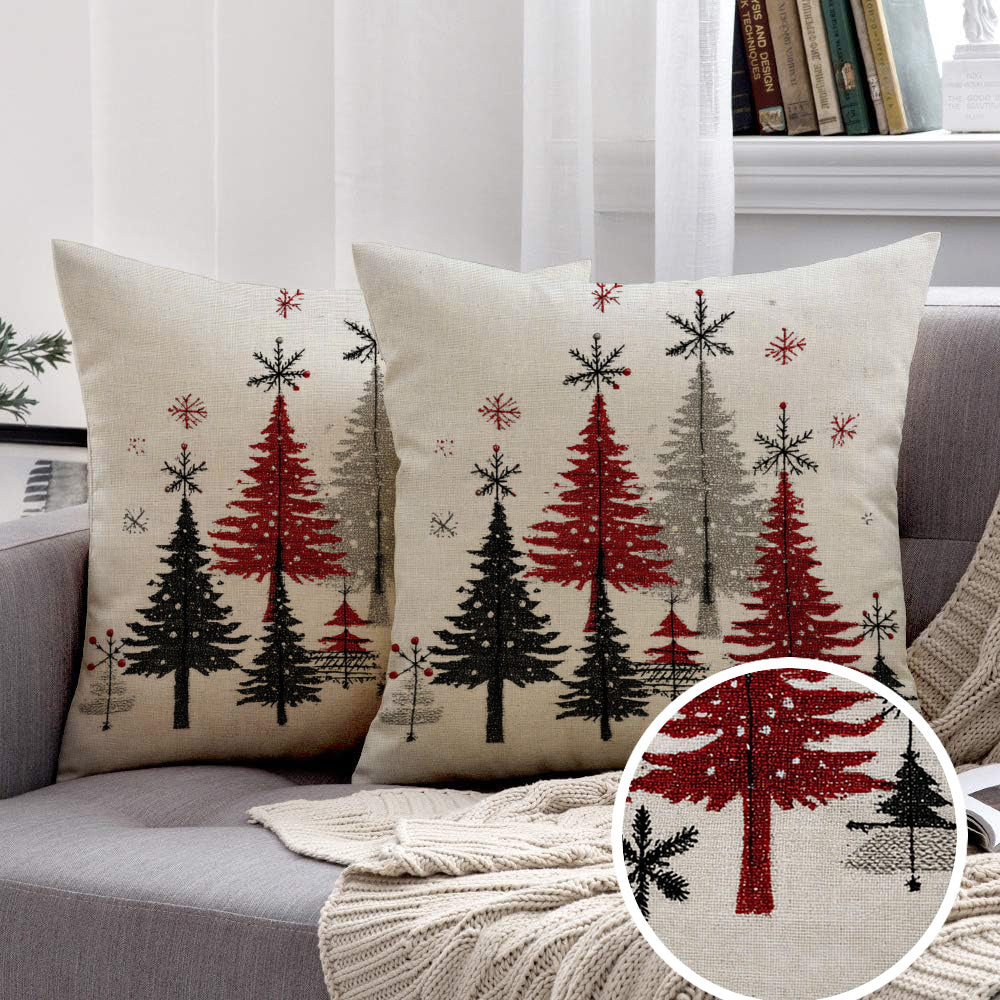 2pcs Christmas Winter Tree Throw Covers, Minimalist Beige Background with Snowflake Design, 40.64x45.72 cm Single-Sided Printed Holiday Decor for Sofa, Living Room & Bedroom (No Insert), Christmas Throw Pillows, Pink And Whit