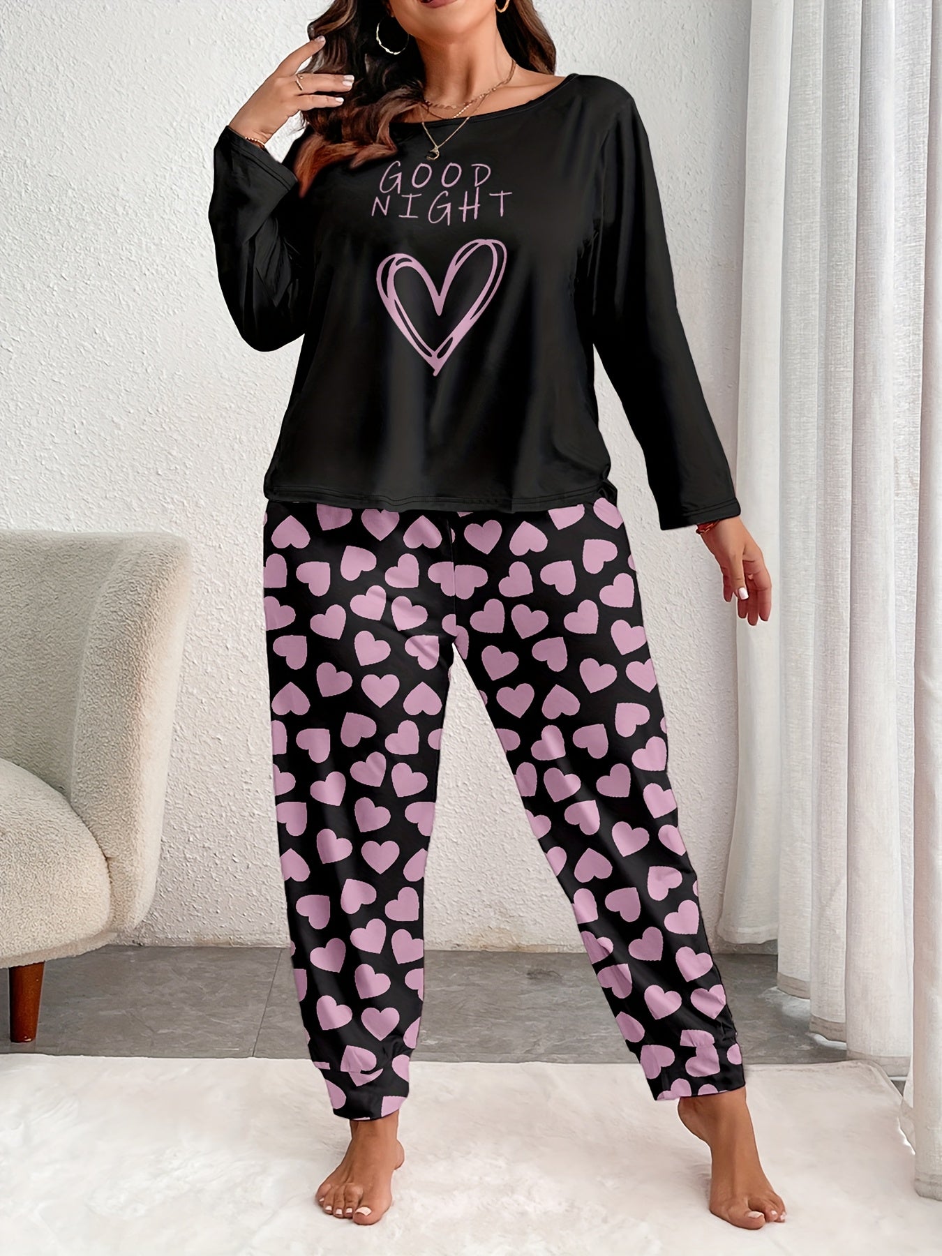 Women's Comfort Plus Size Heart Print Pajama Set - Long Sleeve and Pants, Soft Polyester Loungewear, Machine Washable, Autumn, Oversized, Heart Pattern, Long Sleeve Sleepwear Set