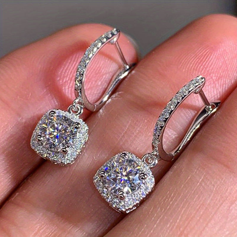Sterling 925 Silver Ear Jewelry Square Shape Shiny zirconia Decor Dangle Earrings Luxury Style Banquet Party Ear Ornaments
