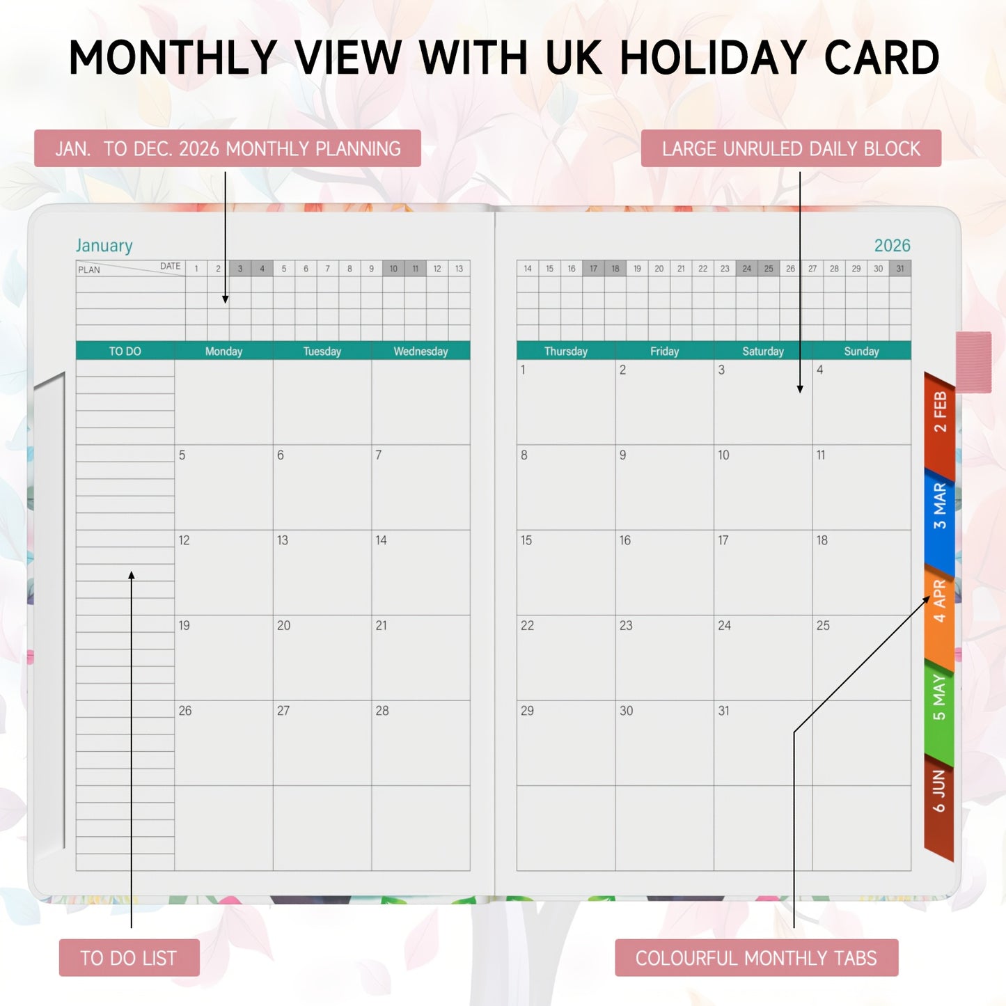 1pc Dzhzal Elegant Floral - Planner with Monthly View, Daily Organizer, Banded Elastic Closure, Pen Loop, Inner Pocket - Compact A5 Notebook (14.48x21.08cm) for Professionals, Students, Personal & Office Use - Perfect Gift Id